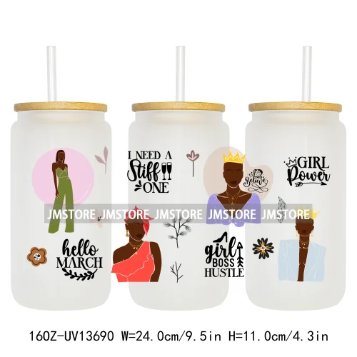Lady Girl Power Black Woman Affirmations UV DTF Wraps Transfer Sticker Waterproof High Quality For 16OZ Libbey Glass Can Tumbler