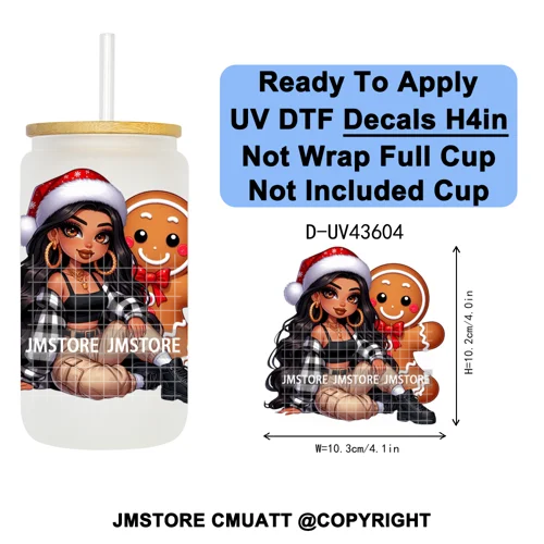 Mexican Girl Christmas Gingerbread UV DTF Cup Decals Ready To Apply Transfer Stickers Durable Custom Labels For Libbey Glass Can
