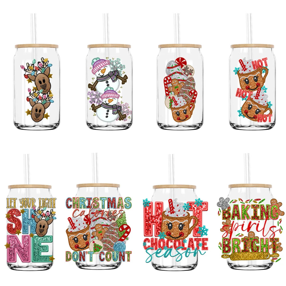 Faux Sequin Christmas Calories Don't Count UV DTF Transfer Stickers Decals For Libbey Cold Cups Mugs Tumbler Waterproof DIY Logo