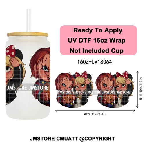 Scary Couple Halloween Villain UV DTF Cup Wrap Ready To Apply Transfer Stickers Durable 16OZ Tumbler Wraps For Libbey Glass Can