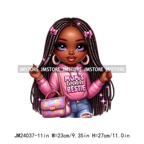 Mom Broke Bestie Little Girls Funny Quote Logos Curvy Black Afro Women Iron On DTF Transfer Stickers Ready To Press For T-shirts