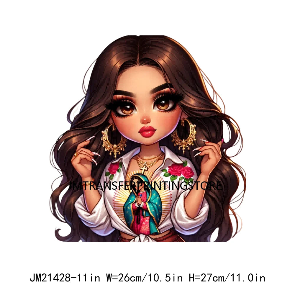 Chibi Cute Chicana Doll Guadalupe Lady Skull Latina Woman Cold Peel Decals Iron On DTF Transfers Stickers For Shirts Bags Pillow