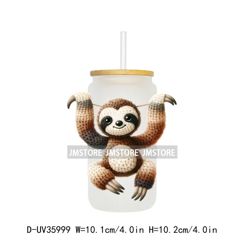 Watercolor Knitted Cute Animals UV DTF Transfer Stickers Decals Ready To Apply Waterproof For 16OZ Libbey Glass Can Cups Tumbler