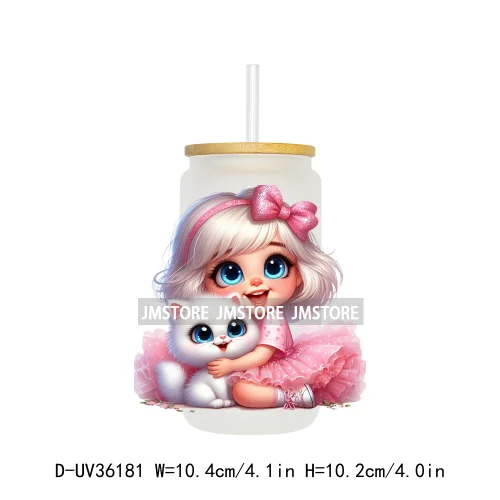 Lovely Pink Girl Hug Cat Bear UV Sticker Decals For Libbey Cold Cup Mug Tumbler Transfer Stickers Waterproof High Quality Labels