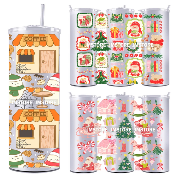 Girly Holiday Christmas Trees 20OZ Tumbler Wraps Ready To Ship UV DTF Transfer Stickers Waterproof Prints For Skinny Tumbler