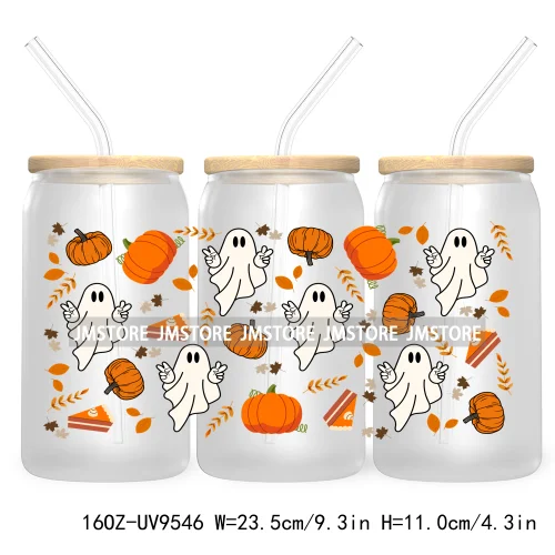 Cute Ghoul Halloween 16OZ UV Cup Wrap DTF Transfer Stickers For Libbey Glass Can Cups Tumbler Waterproof Labels Ghost Reading