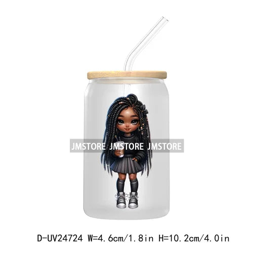 Black Chibi Girl UV DTF Transfers Stickers Decals For Libbey Cold Cups Mugs Tumbler Waterproof DIY Craft Beautiful Afro Woman