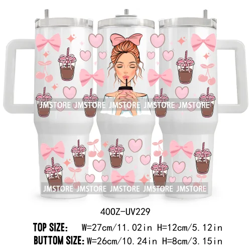 40OZ Tumbler Wrap Girl With Coffee UV DTF Cup Wraps Transfer Stickers Custom Labels Durable Waterproof Logo Pink Drinks Lady