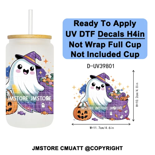 Cute Halloween Witch Ghost Sweet Boo UV DTF Decals Ready To Apply Waterproof Transfer Stickers Prints For 16OZ Libbey Glass Can