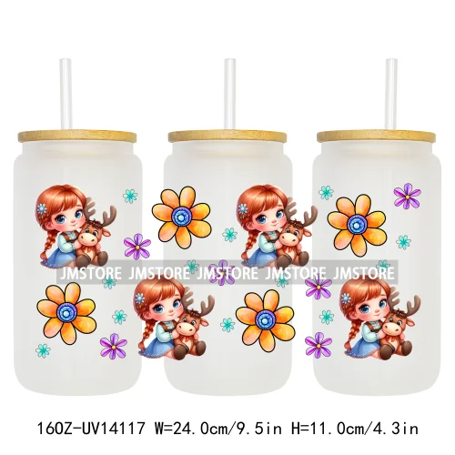 Cartoon Baby Princess Floral Flowers UV DTF Wraps Transfer Stickers Ready To Apply Waterproof For 16OZ Libbey Glass Can Tumblers