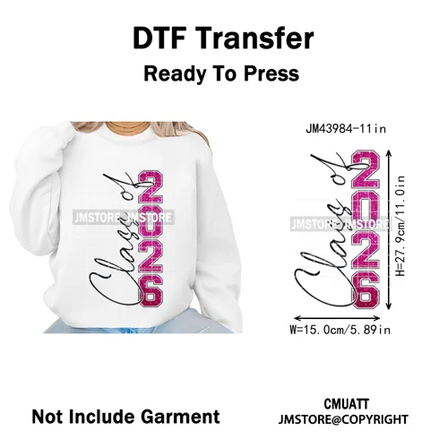 Faux Glitter Senior Class of 2026 High School Graduate Reunion Iron on Washable DTF Transfer Stickers Ready to Press for Clothes