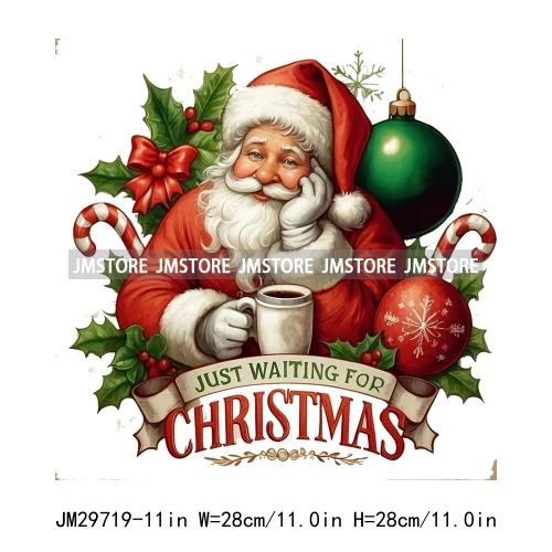 Just Waiting For Christmas Santa Claus Gifts Joy Winter Holidays Vibes Iron On DTF Transfers Stickers Ready To Press For Clothin