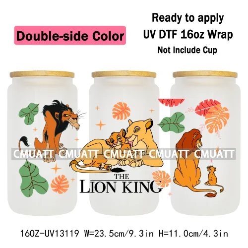 Double Side Color Cartoon Lion UV DTF Cup Wrap Transfer Stickers For 16oz Libbey Glass Beer Selfadhesive Waterproof Adhesive