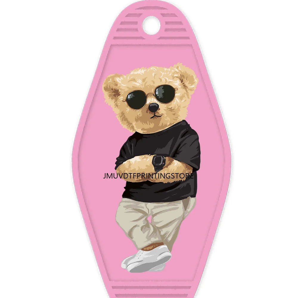 Cute Pink Teddy Bear Girl High Quality WaterProof UV DTF Sticker For Motel Hotel Keychain Brown Bears Baseball