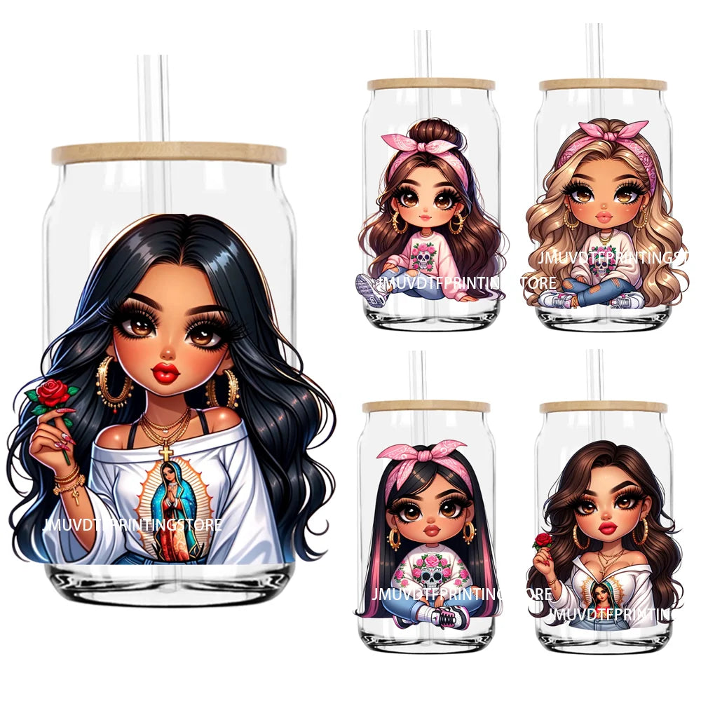 Chibi Cute Chicana Woman UV DTF Transfers Stickers Decals For Libbey Cold Cups Mugs Tumbler Waterproof DIY Logo Mexican Girls