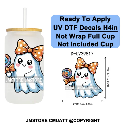Cute Halloween Witch Ghost Sweet Boo UV DTF Decals Ready To Apply Waterproof Transfer Stickers Prints For 16OZ Libbey Glass Can