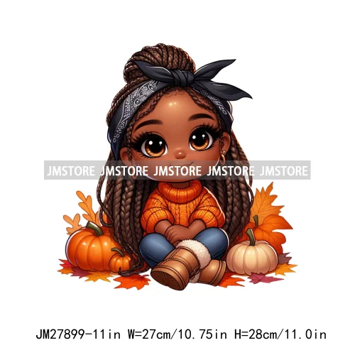 New Autumn Chibi Black Baby Girls Cartoon Afro Princess Pumpkin Fall Season DTF Iron On Heat Press Transfer Stickers For Hoodies