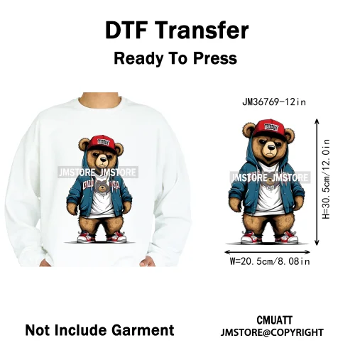 12in Cool Retro Urban Streetwear Graffiti Hip Hop Teddy Bear Iron On DTF Washable Transfers Stickers Ready to Press For Clothing