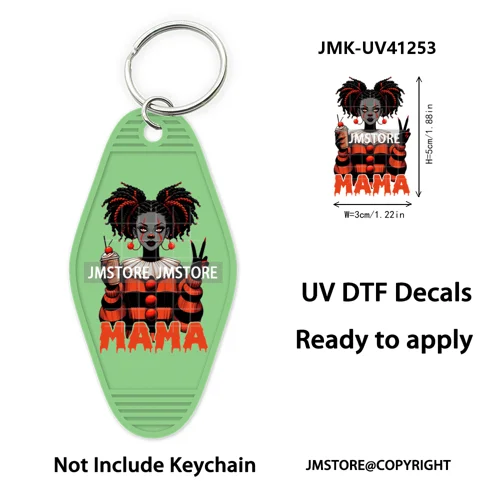 Black Girl Halloween Spooky Horror Mama UV DTF Motel Keychain Wraps Ready To Apply Waterproof High Quality Hotel Keychain Decals