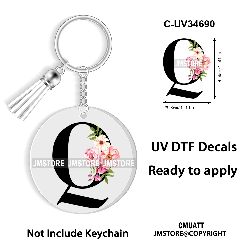 Floral Whole Entire Alphabet Flowers Black Letters Monogram WaterProof UV DTF Stickers For Round Circle Acrylic Keychain Keyring