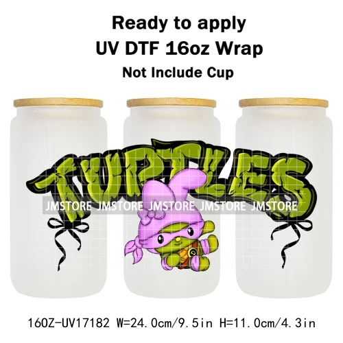 Coquette Bow Cartoon Turtles Characters 16OZ UV DTF Cup Wraps Ready To Apply Waterproof Transfer Stickers For Libbey Glass Can