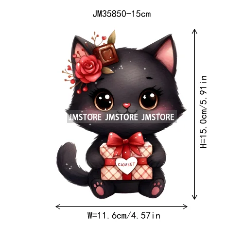 15cm 5.9in Kids Cute Flower Heart Love Valentine Black Cat Iron On Heat Transfer Sticker For Clothes Print Vinyl Washable Decal