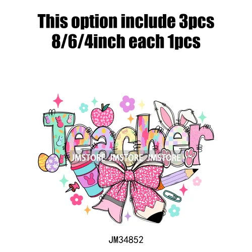 Cute Teacher Bunny Coquette Teaching Sweet Heart Floral Happy Easter Iron On DTF Transfers Stickers Ready To Press For Clothing