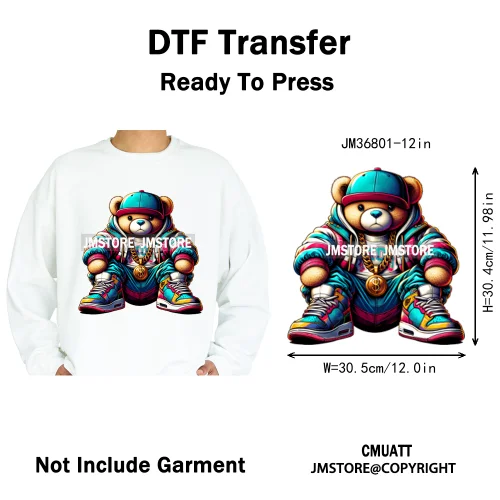 12in Cartoon Gangster Hip Hop Streetwear Teddy Bear Lover Designs Iron on DTF Heat Transfers Stickers Ready to Press for Hoodies