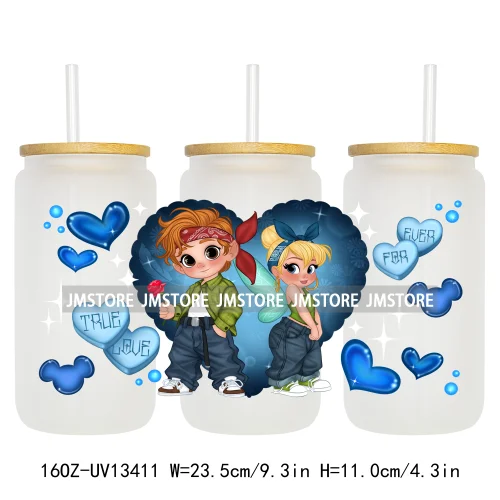 Cute Cartoon Princess Valentine's Day Couple UV DTF Cup Wrap Ready To Apply Transfer Stickers Custom For 16OZ Libbey Glass Can