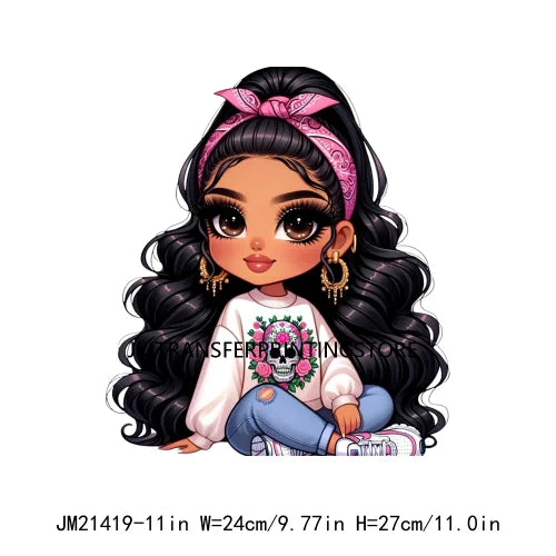 Pink Bow Long Hair Chibi Cute Chicana Doll Girls With Earing Washable Iron On DTF Transfers Stickers Designs For Sweatshirt