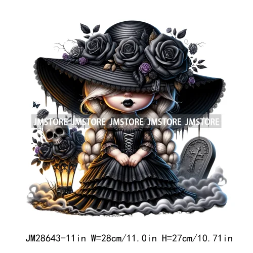 Gothic Girl Gnomes Halloween Witch Dolls Black Flowers Horror Vibes Iron On DTF Transfers Stickers Ready To Press For Clothing