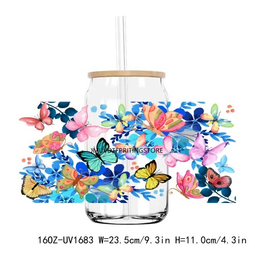 Watercolor Butterfly And Flower 16OZ UV DTF Cup Wrap Transfer Sticker Custom Labels DIY Durable Waterproof Logo For Libbey Glass