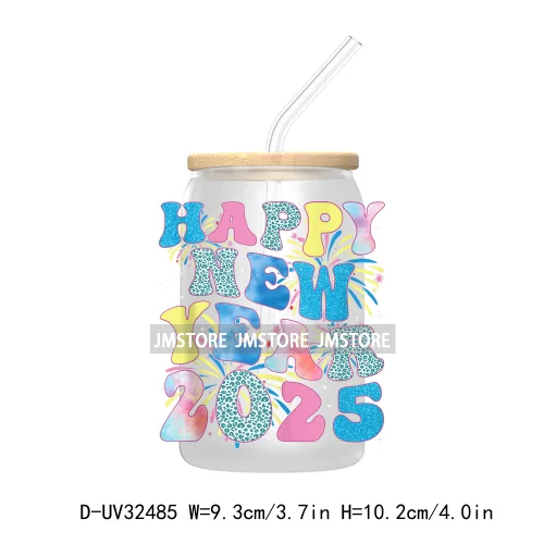 Retro Happy New Year 2025 Coquette Bow UV DTF Transfer Stickers Decals For Libbey Cold Cups Mugs Tumbler Waterproof Custom Logo