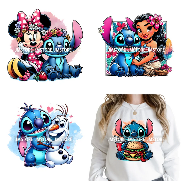 Cute Cartoon Blue Animal Princess Best Friends Designs Iron on DTF Washable Transfers Stickers Ready to Press for Clothing Bags