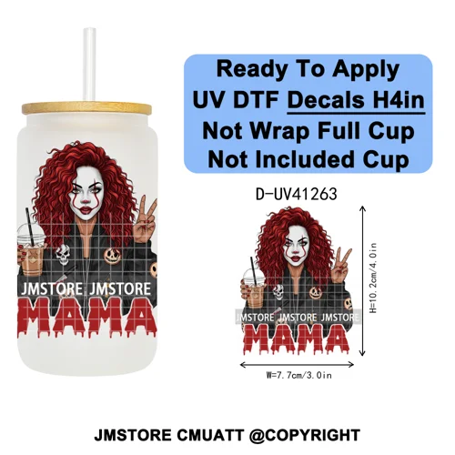Black Girl Horror Characters Halloween Coffee UV DTF Transfer Sticker Decals Ready To Apply Waterproof For 16OZ Libbey Glass Can
