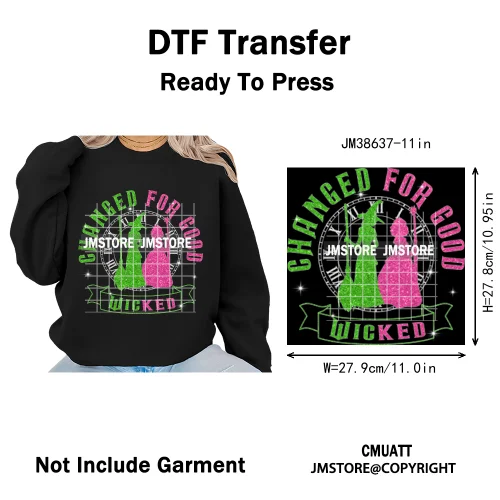 Witch Changed For Good Faux Glitter Pink and Green Movie Iron on DTF Washable Transfers Stickers Ready to Press for Clothes Bags