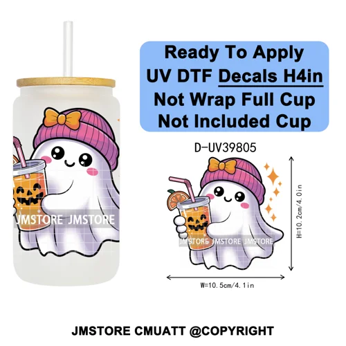 Cute Halloween Witch Ghost Sweet Boo UV DTF Decals Ready To Apply Waterproof Transfer Stickers Prints For 16OZ Libbey Glass Can