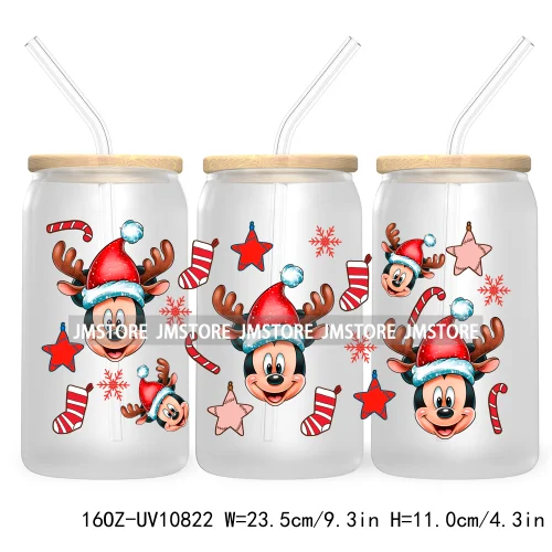 Cartoon Christmas Kids Friends 16OZ UV DTF Cup Wrap Waterproof Transfer Stickers For Libbey Glass Can Candy Cane Merry Christmas