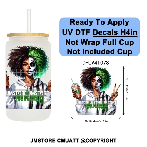 Scary Movie Character Afro Girls Halloween UV DTF Transfer Stickers Decals Ready To Apply Waterproof For 16OZ Libbey Glass Can