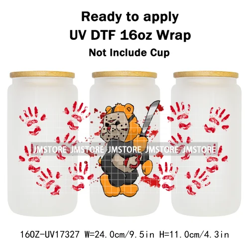Scary Bears Halloween Pumpkins Horror Characters UV DTF Wraps Transfer Sticker Selfadhesive For 16OZ Libbey Glass Can Tumbler