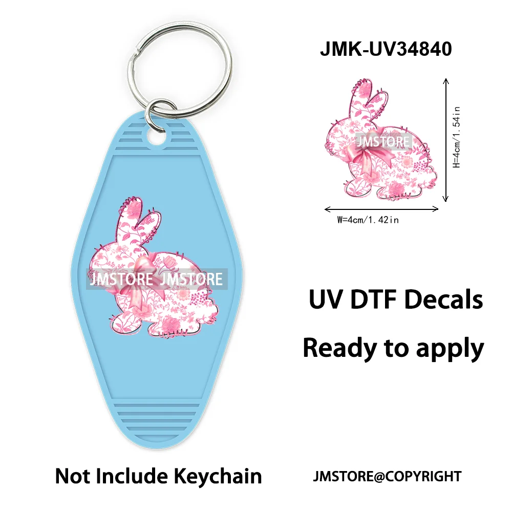 Faux Sequin Glitter Happy Easter Rabbit Teacher Bunny Coquette Bow Custom WaterProof UV DTF Stickers For Motel Hotel Keychain