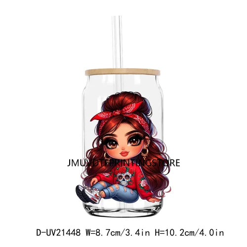 Chibi Cute Chicana Doll With Rose UV DTF Transfers Stickers Decals For Libbey Cold Cups Mugs Tumbler Mexico Waterproof DIY Logo