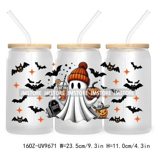 Spooky Ghost Fall Halloween Pumpkin Season UV DTF Sticker For 16OZ Libbey Glass Cup Can Autumn Leaves Wrap Transfer Stickers