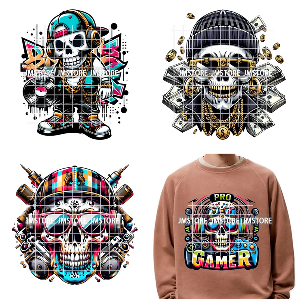 12in Colorful Graffiti Streetwear Skeleton Game Over Iron on DTF Thermal Transfers Stickers Printing Ready to Press for T-shirts