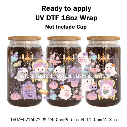 Cute Halloween Ghost Black Cat UV DTF Wraps Transfer Sticker Selfadhesive Waterproof Prints For 16OZ Libbey Glass Can Tumbler