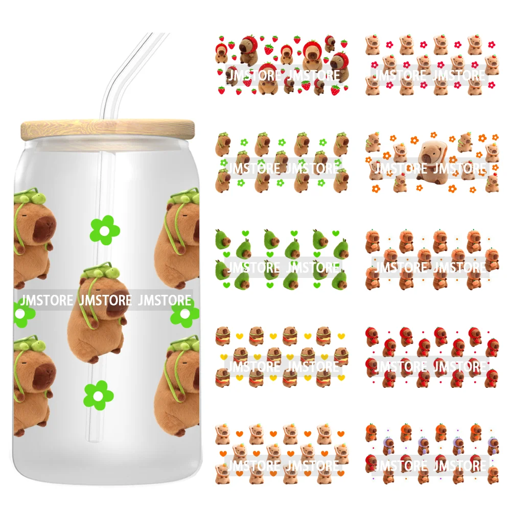Cute Capybara Flower Heart UV DTF Wraps Transfer Sticker Selfadhesive Waterproof High Quality For 16OZ Libbey Glass Can Tumbler