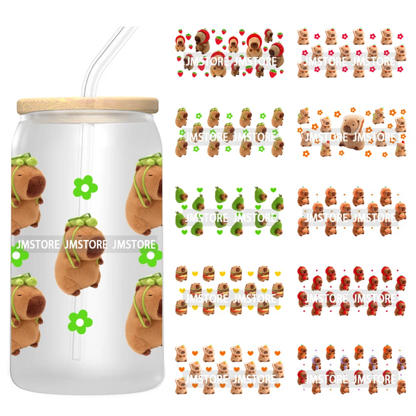 Cute Capybara Flower Heart UV DTF Wraps Transfer Sticker Selfadhesive Waterproof High Quality For 16OZ Libbey Glass Can Tumbler