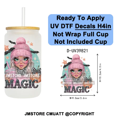 Girly Halloween Ghost Pumpkin Coffee Lover UV DTF Transfer Stickers Decals Ready To Apply Waterproof For 16OZ Libbey Glass Can