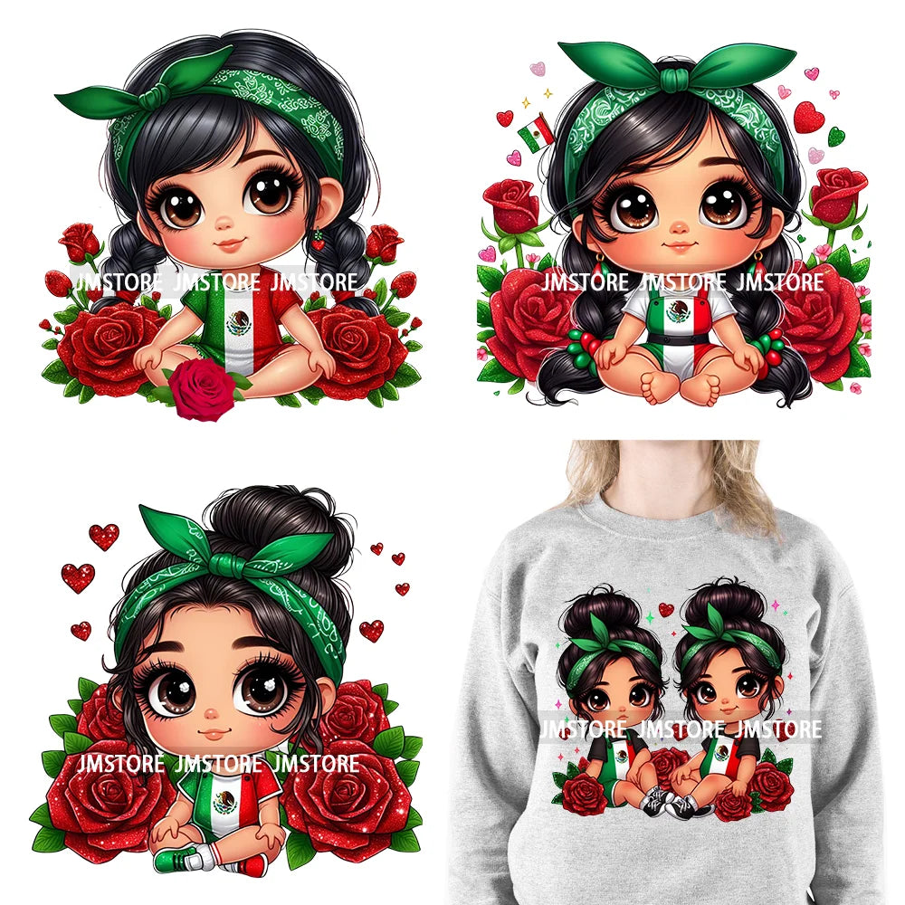 Cute Chibi Mexican Girl Designs Hispanic Red Rose Green Coquette Bow Latina Princess Iron On DTF Transfers Stickers For T-shirts