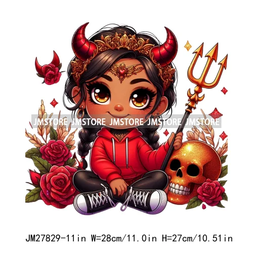 Chibi Cute Halloween Devil Latina Baby Hispanic Girls Skull Red Rose DTF Iron On Transfer Stickers Ready To Press For Sweatshirt